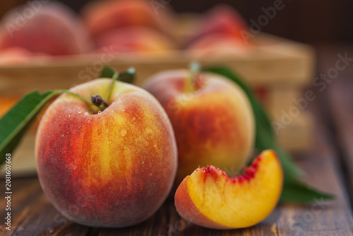 Fresh Peaches on Wooden Table