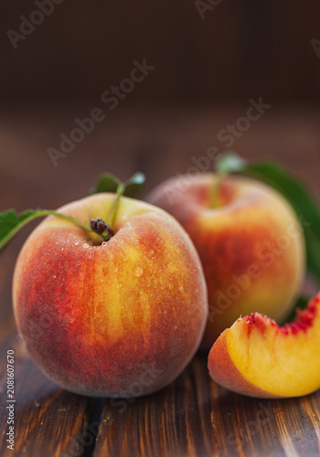 Fresh Peaches on Wooden Table