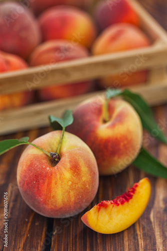 Fresh Peaches on Wooden Table