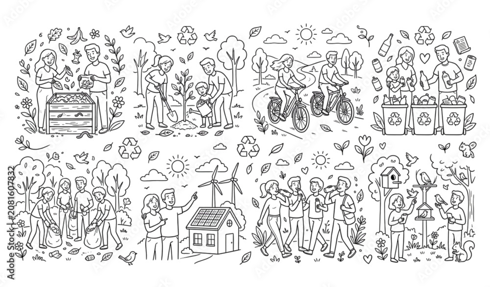 Obraz premium Eco Friendly Doodle Character Collection with Recycling Renewable Energy and Planet Care Vector