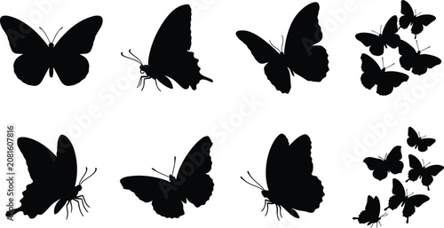 Konstfotografi Butterfly Silhouette Set with Flying Insects and Group Swarm Icons Isolated on W
