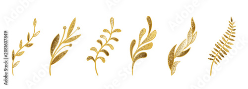 Branch gold glitter set. Golden botanical leaf sprig, berry stem, fern foliage and elegant floral decoration elements. Luxury shiny plant collection for wedding ornate decor. Vector illustration set