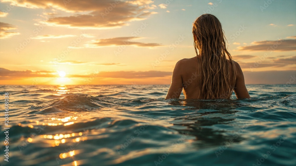 Fototapeta premium Woman Swimming in Tropical Ocean at Golden Sunset in Peaceful Summer Paradise Escape