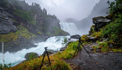 Misty mountain waterfall cascading through lush green forest.