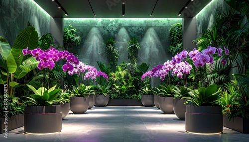 Purple orchids in white pots on windowsill with green foliage.