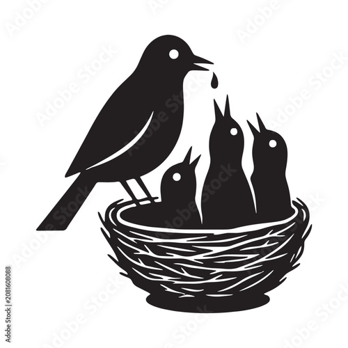 Φωτογραφία Bird Feeding Chicks In Nest Black Silhouette Illustration