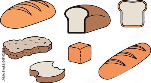 Bild auf Leinwand Collection of various baked bread, including whole loaves, slices, and a bitten