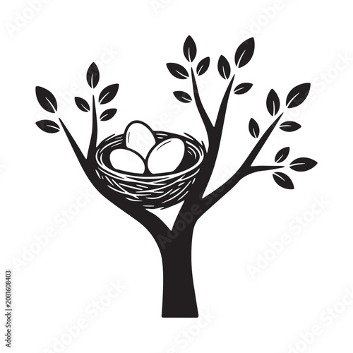 Bild auf Leinwand Bird s nest with eggs black silhouette on white background