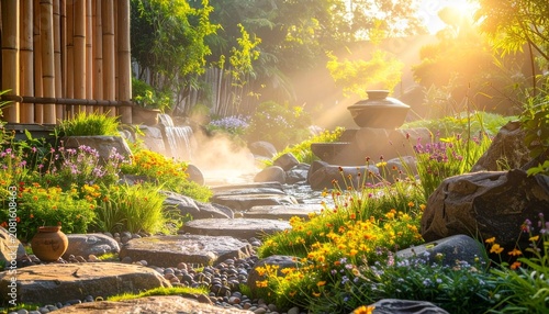 Golden hour sunbeams illuminating a serene garden pathway.