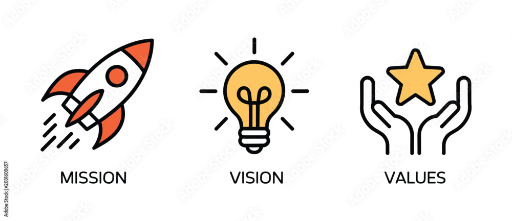 Obraz premium Mission Vision Values Icons: A set of three iconic graphic elements representing mission, vision, and values, symbolizing business growth and core principles.