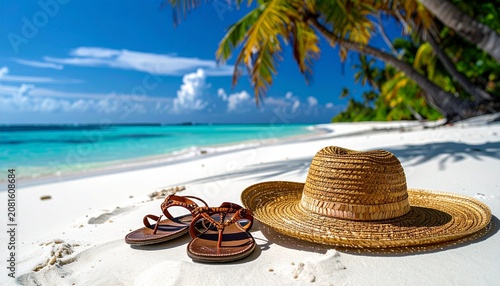 Tropical beach scene with coconut and seashells.