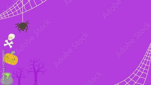 Seamless looping background animation of moving Halloween elements like a spider, web, skull, jack o lantern, potion cauldron, and spooky tree silhouette with center copy space on purple