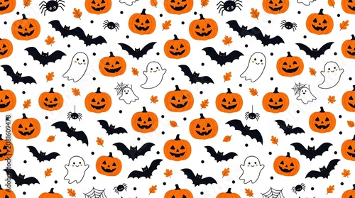 Seamless halloween pattern with pumpkins, ghosts, bats, spiders, and autumn leaves isolated on white background