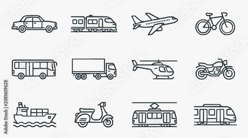 Bild auf Leinwand Modern Minimalist Line Drawing Icons Set of Various Transportation Vehicles in B