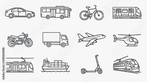 Tableau sur toile Elegant Minimalist Line Drawing Set of Various Modern Transportation Vehicles in