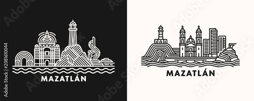 Bild auf Leinwand Mazatlan Mexico cityscape illustration with line art skyline featuring coastal b
