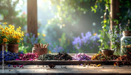Serene garden pathway with blooming flowers and sunlight.