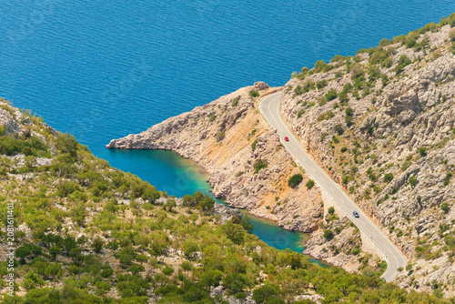 Winding Adriatic highway (E65) between Velebit mountains and Adriatic sea , Dalmatian coast, Croatia