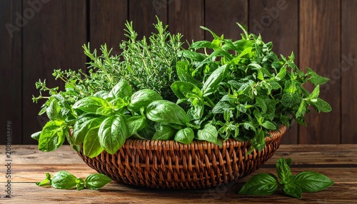 Fresh green broccoli bunch in woven basket indoors.
