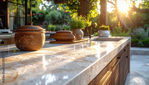 Wooden barrel planters on rustic wooden deck with greenery.