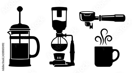 Cuadro en lienzo Coffee brewing methods collection with French press siphon and espresso portafil