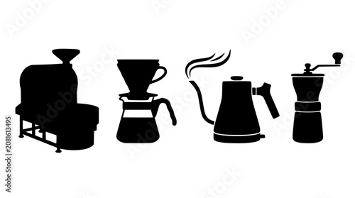 Foto Coffee brewing equipment set with roaster pour over kettle and grinder in silhou