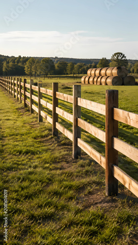 Realistic photo, freshly repaired wooden livestock fence stretching across a green pasture with stacked hay bales in the background, warm late summer light, no people