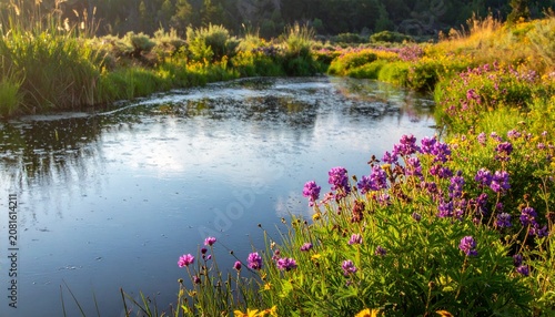 Serene lake reflection of autumn forest and wildflowers.
