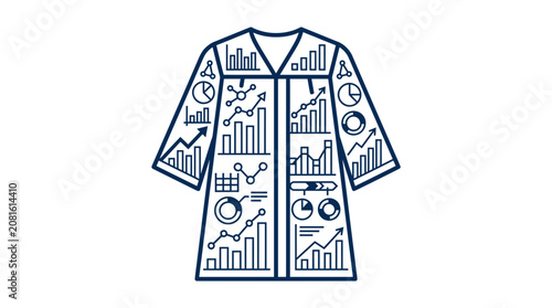 A modern academic graduation gown featuring intricate dark blue line art icons of financial growth charts and analytical data diagrams
