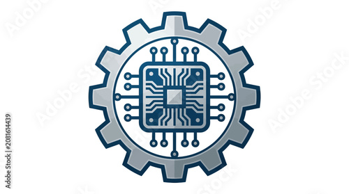 A professional vector icon featuring a silver gear integrated with a blue computer processor chip on a plain background