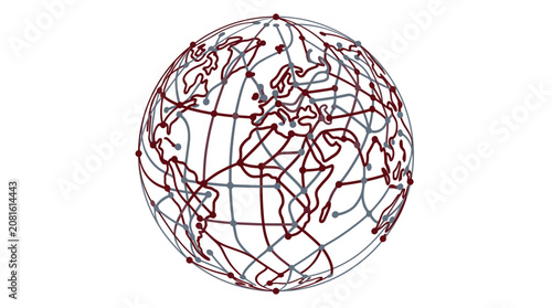 Intricate digital globe illustration featuring interconnected red and gray lines representing global communication networks on a clean white background surface