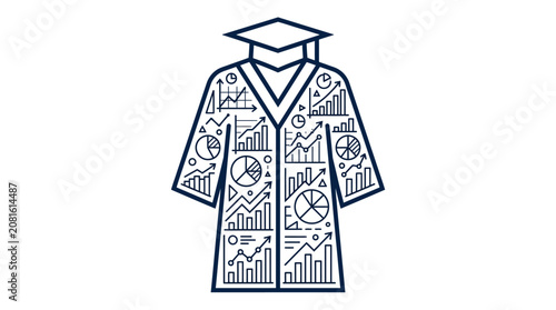 Minimalist graduation gown line art icon featuring complex business data charts and graphs in a clean dark blue aesthetic style