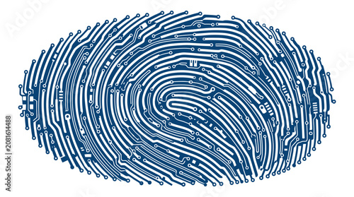 Detailed blue fingerprint graphic formed by intricate electronic circuit board lines representing modern digital security and advanced biometric technology