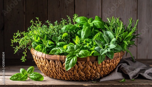 Fresh green herbs growing in woven basket indoors.