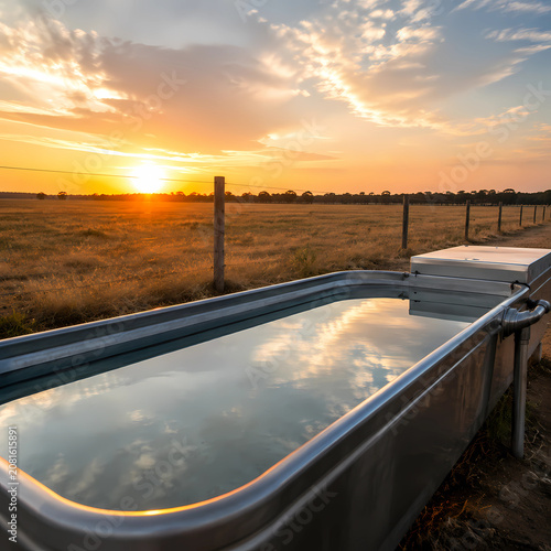 Realistic photo, freshly cleaned stainless steel water trough reflecting sunset beside an empty cattle pasture, peaceful late summer atmosphere, no people, 