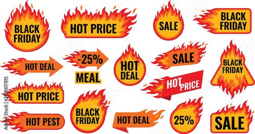 Foto Flaming Hot Deal and Sale Stickers Vector Set