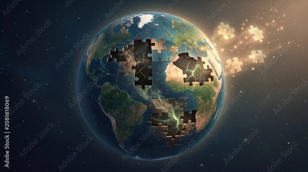 Fototapeta premium Puzzle Globe with Missing Pieces – Global Challenges and Unity Concept Illustration