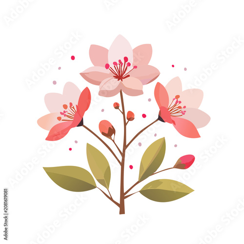 Cherry Blossom Branch with Flowers and Buds Vector Illustration