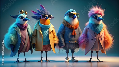 Four fashionable fowl strut their stuff in trendy winter attire, complete with chic accessories and shades of cool