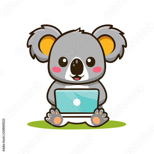 Cute cartoon koala using a laptop