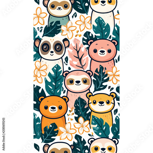 Cute cartoon animals in tropical seamless pattern