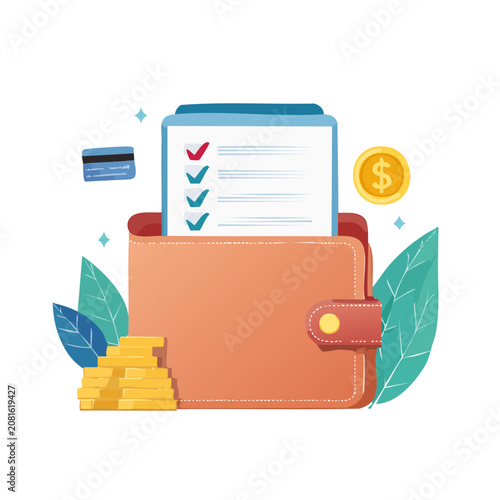 Flat vector illustration of wallet with checklist and money