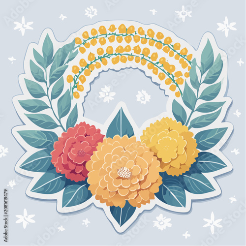 Floral Wreath with Yellow and Red Flowers and Green Leaves