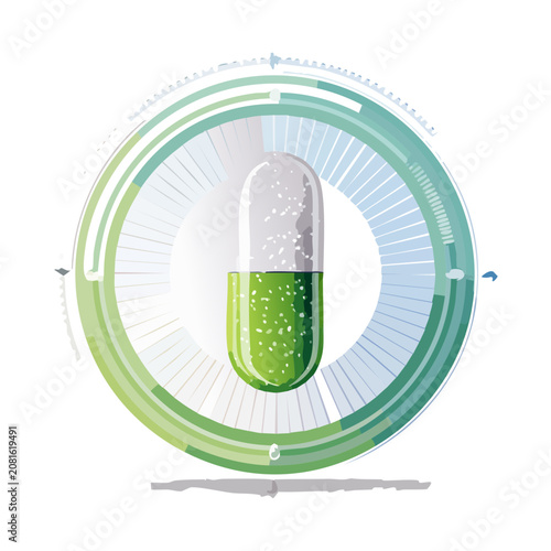 Green and white capsule pill with radial background design