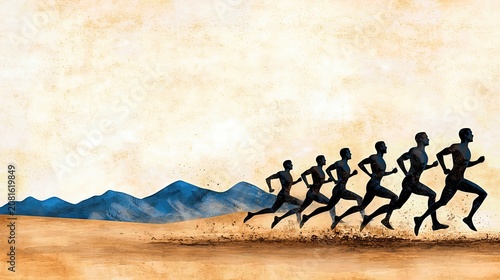 Silhouetted Runners Across Beige Landscape with Mountain Range Background