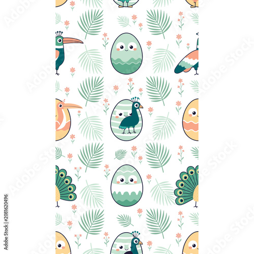 Cute Easter Eggs and Birds Seamless Pattern