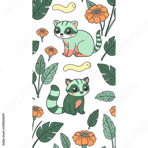 Cute Raccoons and Flowers Pattern