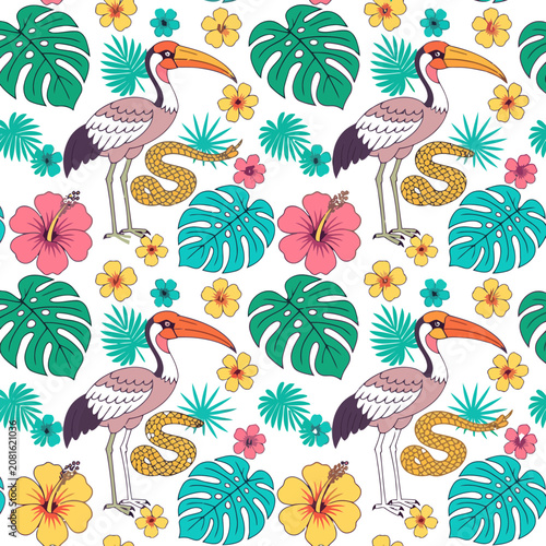 Tropical birds and snakes with monstera leaves and hibiscus flowers