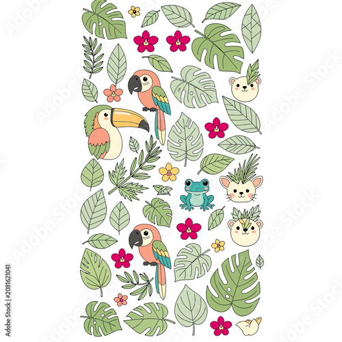 Tropical Birds, Frog, and Cute Animals with Leaves