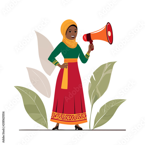 Woman in traditional dress holding megaphone, flat vector illustration